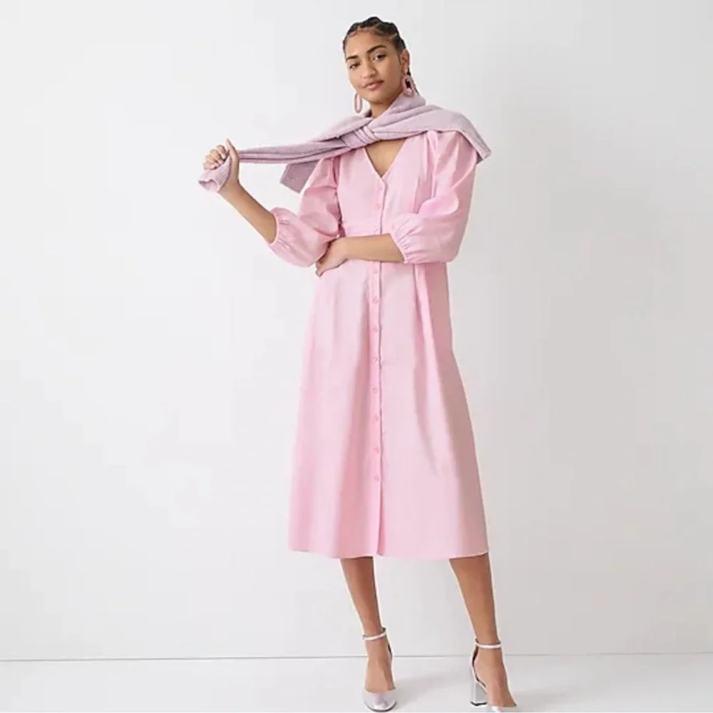 J. Crew Pink Midi Dress with Puff Sleeves